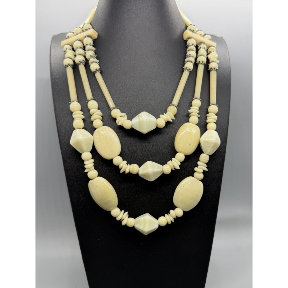 Vintage Multi Strand Glass and Stone Bead Statement 17" Necklace Cream Heavy